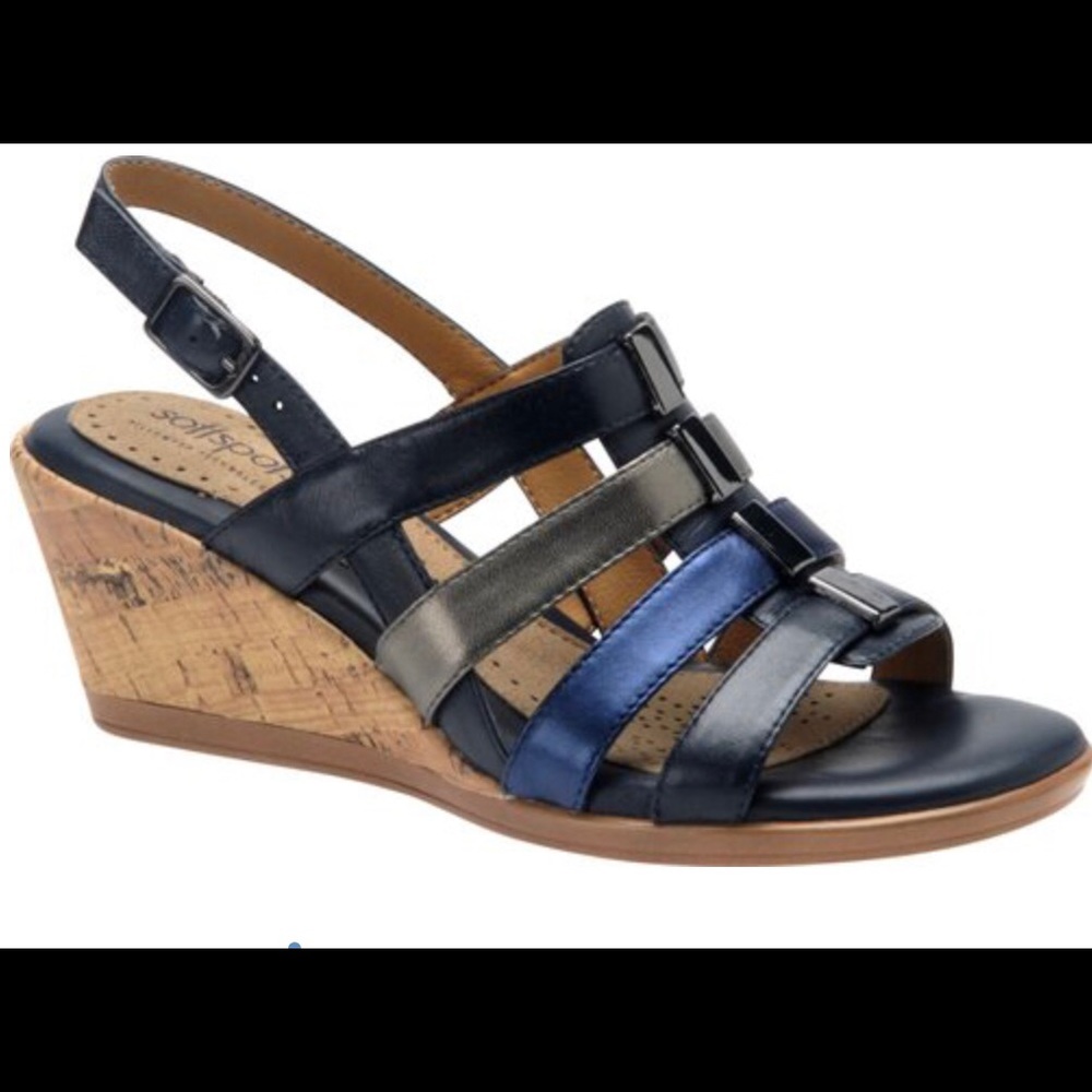 Pair softspots navy strappy wedge sandals